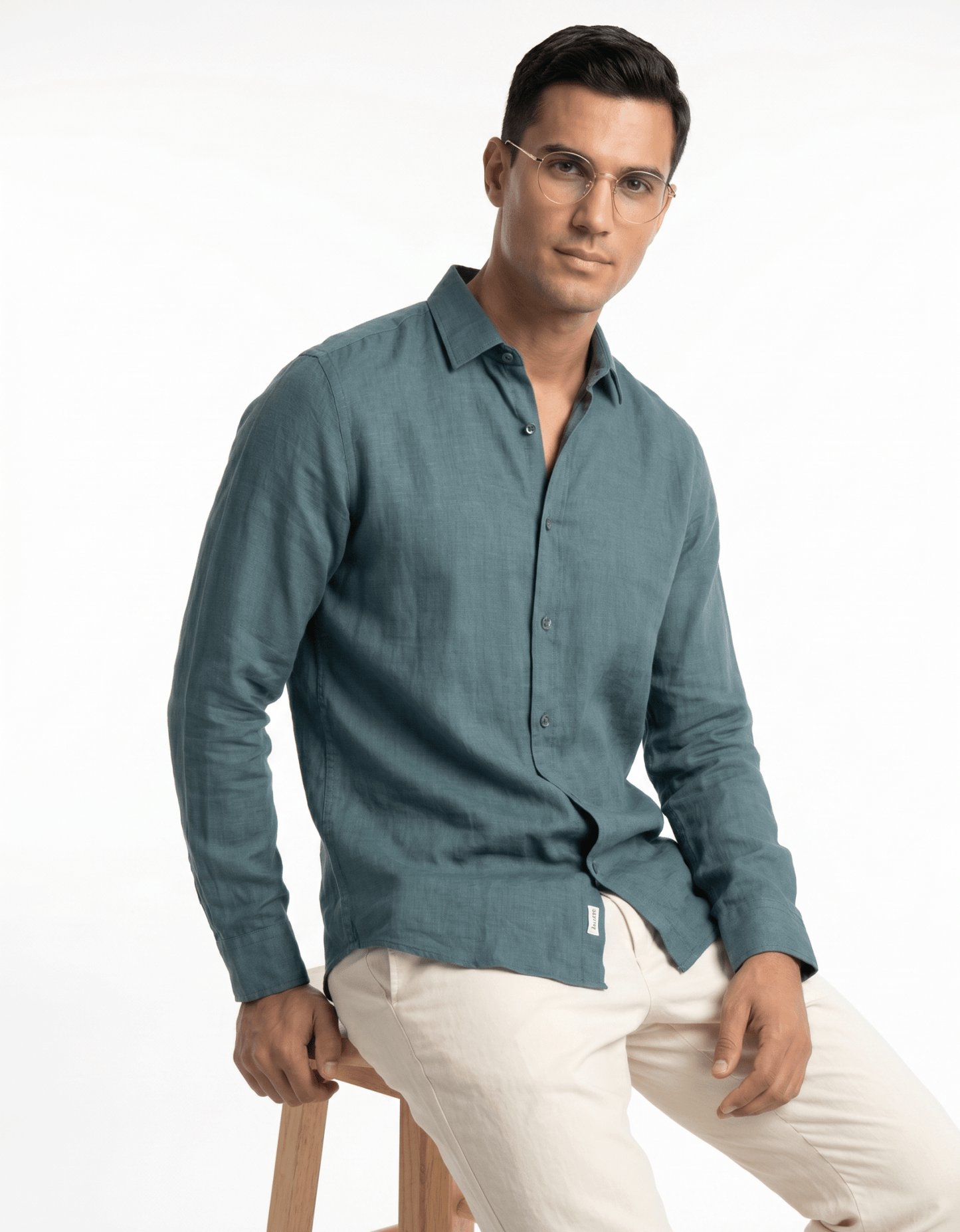 Pure Linen Spread Collar Shirt — Teal Blue | Slim Fit | Full Sleeves - leafiber.com
