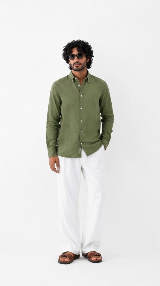 Premium Irish Linen Button-Down Shirt — Green - leafiber.com