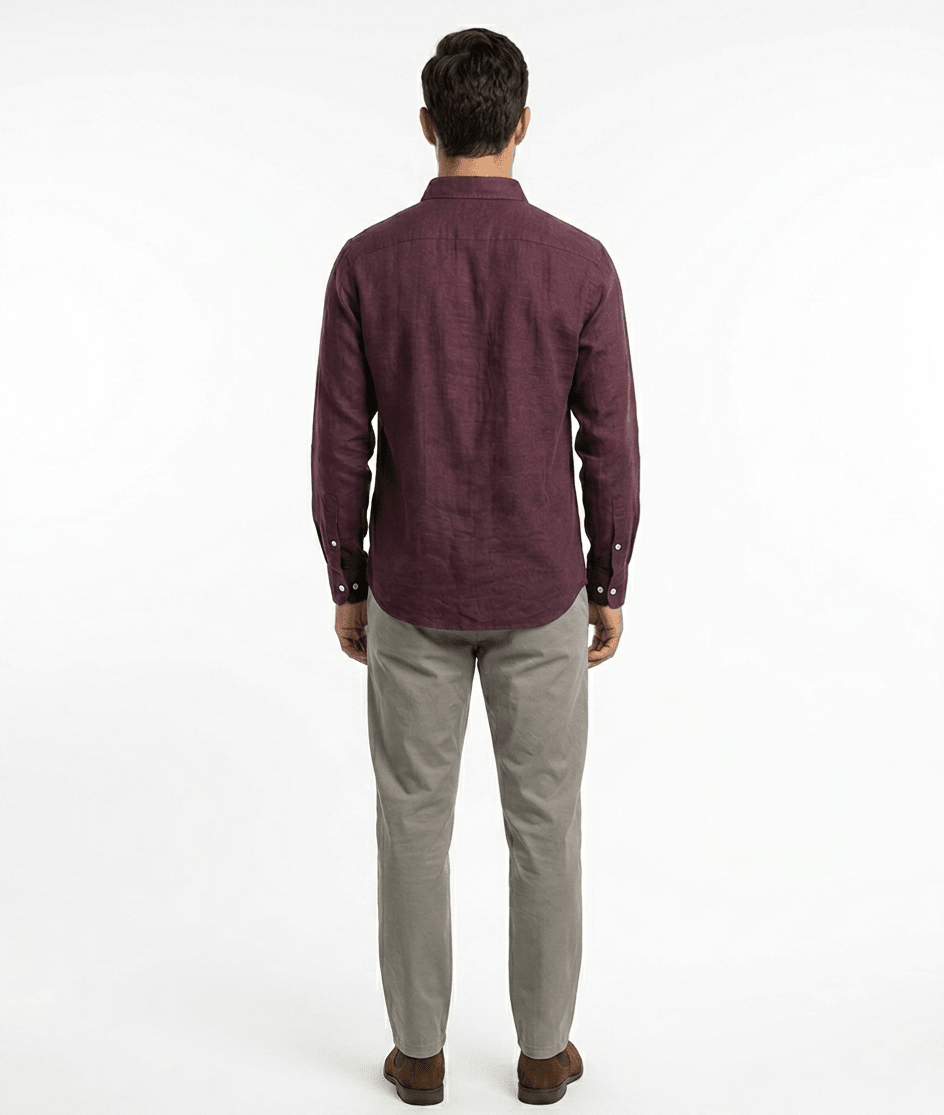 Pure Linen Button-Down Shirt — Burgundy | Slim Fit | Full Sleeves - leafiber.com