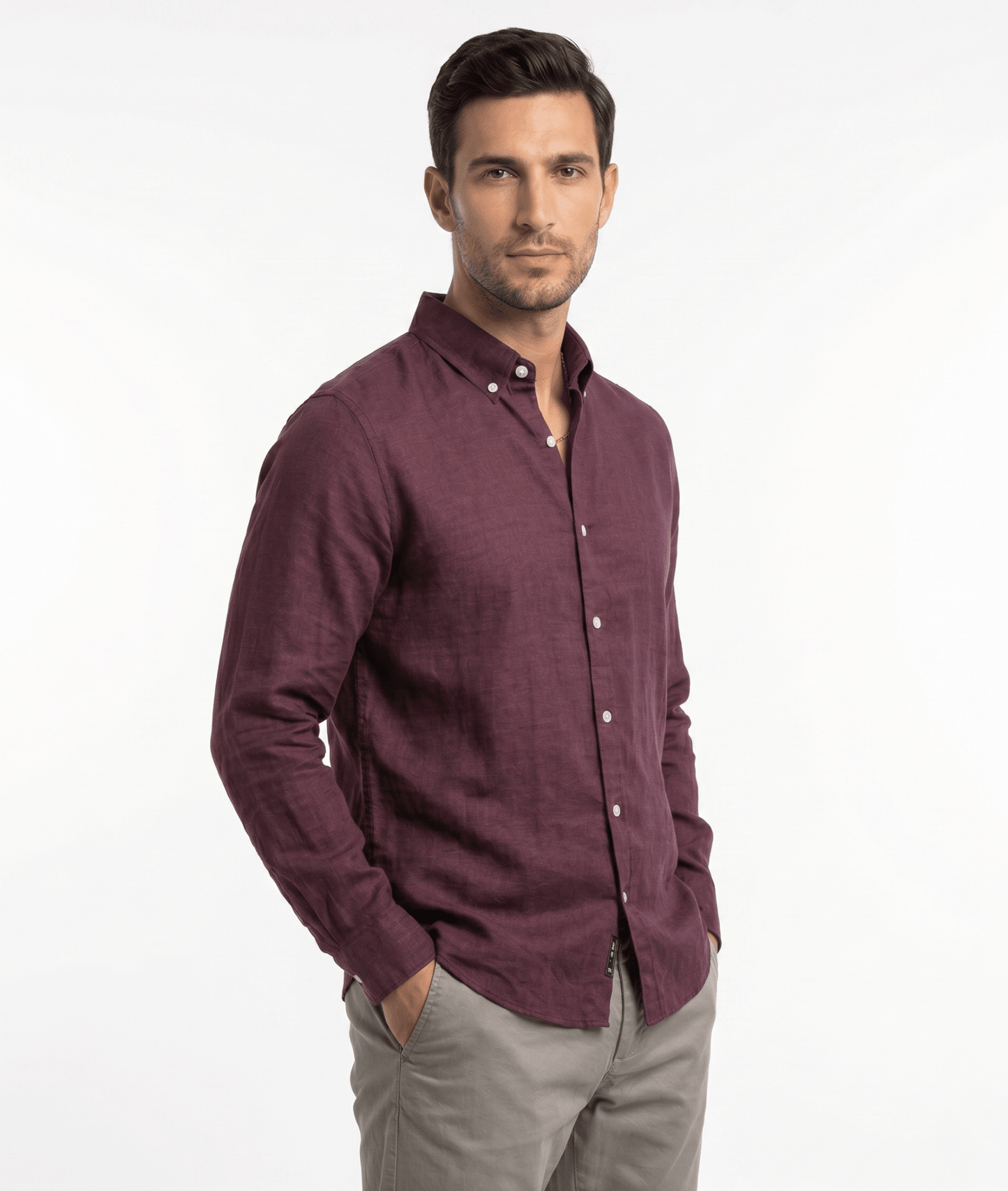 Pure Linen Button-Down Shirt — Burgundy | Slim Fit | Full Sleeves - leafiber.com