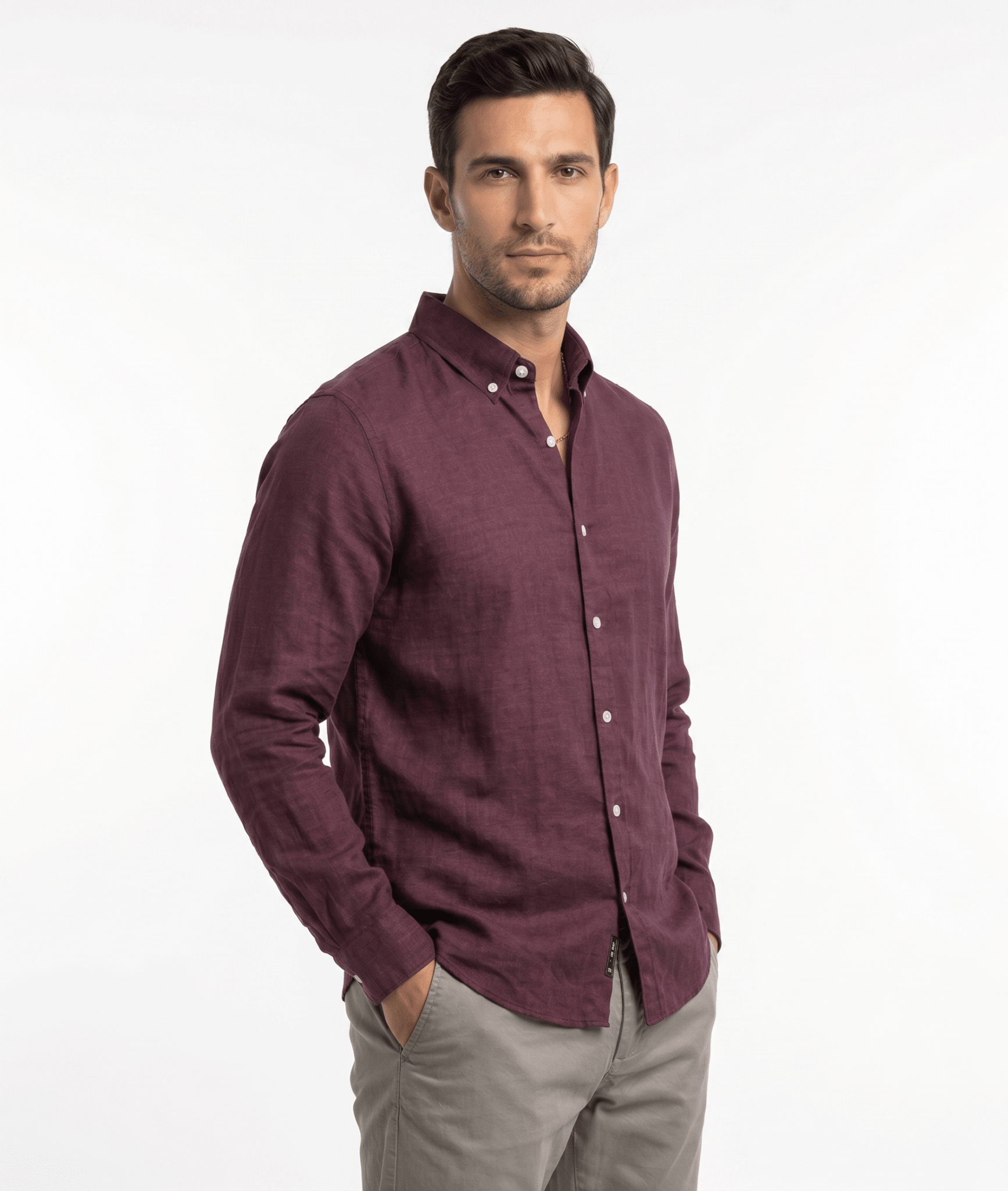 Pure Linen Button-Down Shirt — Burgundy | Slim Fit | Full Sleeves - leafiber.com