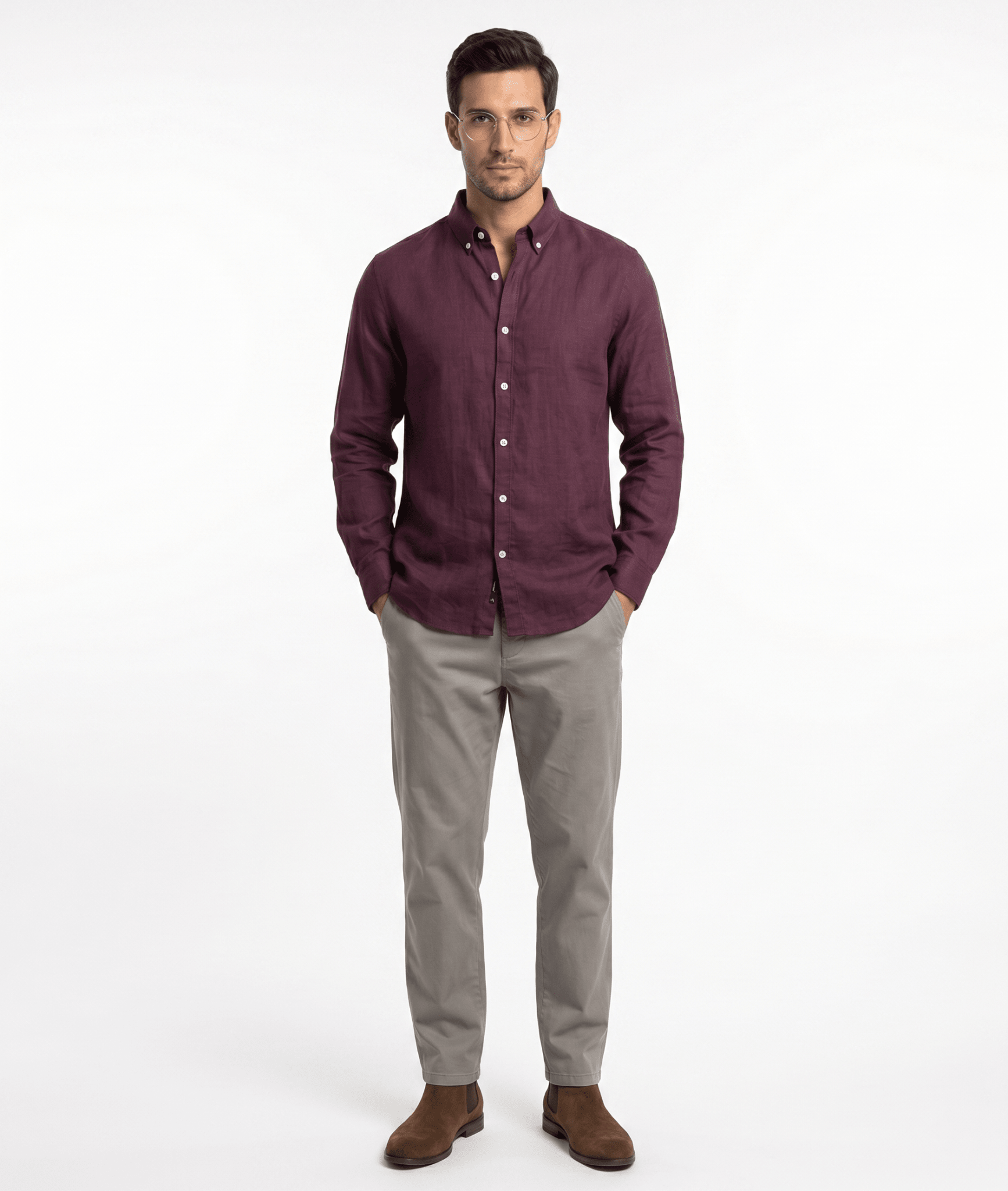 Pure Linen Button-Down Shirt — Burgundy | Slim Fit | Full Sleeves - leafiber.com
