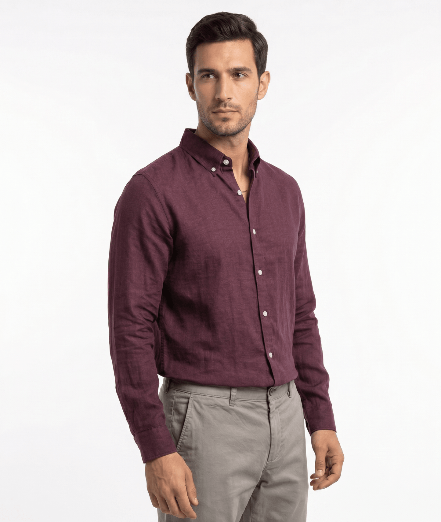 Pure Linen Button-Down Shirt — Burgundy | Slim Fit | Full Sleeves - leafiber.com