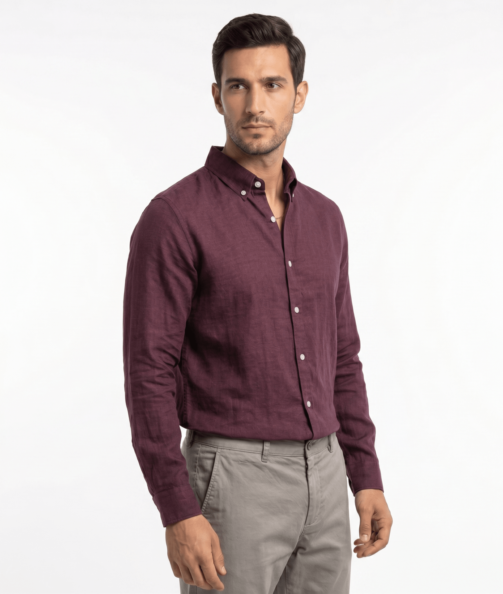 Pure Linen Button-Down Shirt — Burgundy | Slim Fit | Full Sleeves - leafiber.com