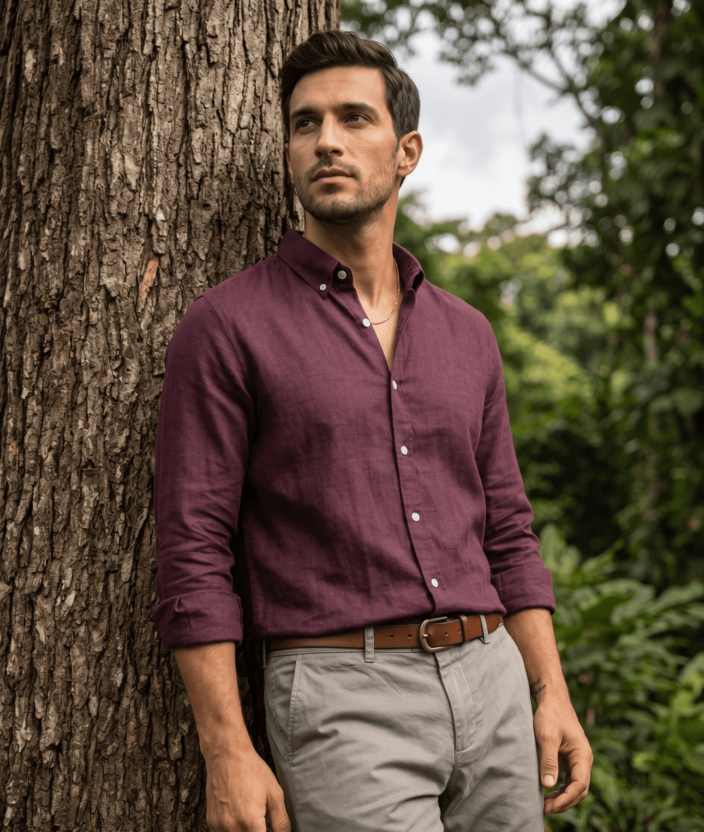 Pure Linen Button-Down Shirt — Burgundy | Slim Fit | Full Sleeves - leafiber.com