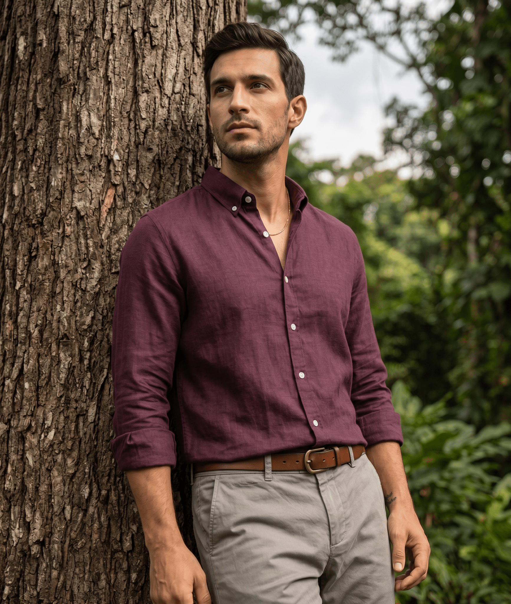 Pure Linen Button-Down Shirt — Burgundy | Slim Fit | Full Sleeves - leafiber.com