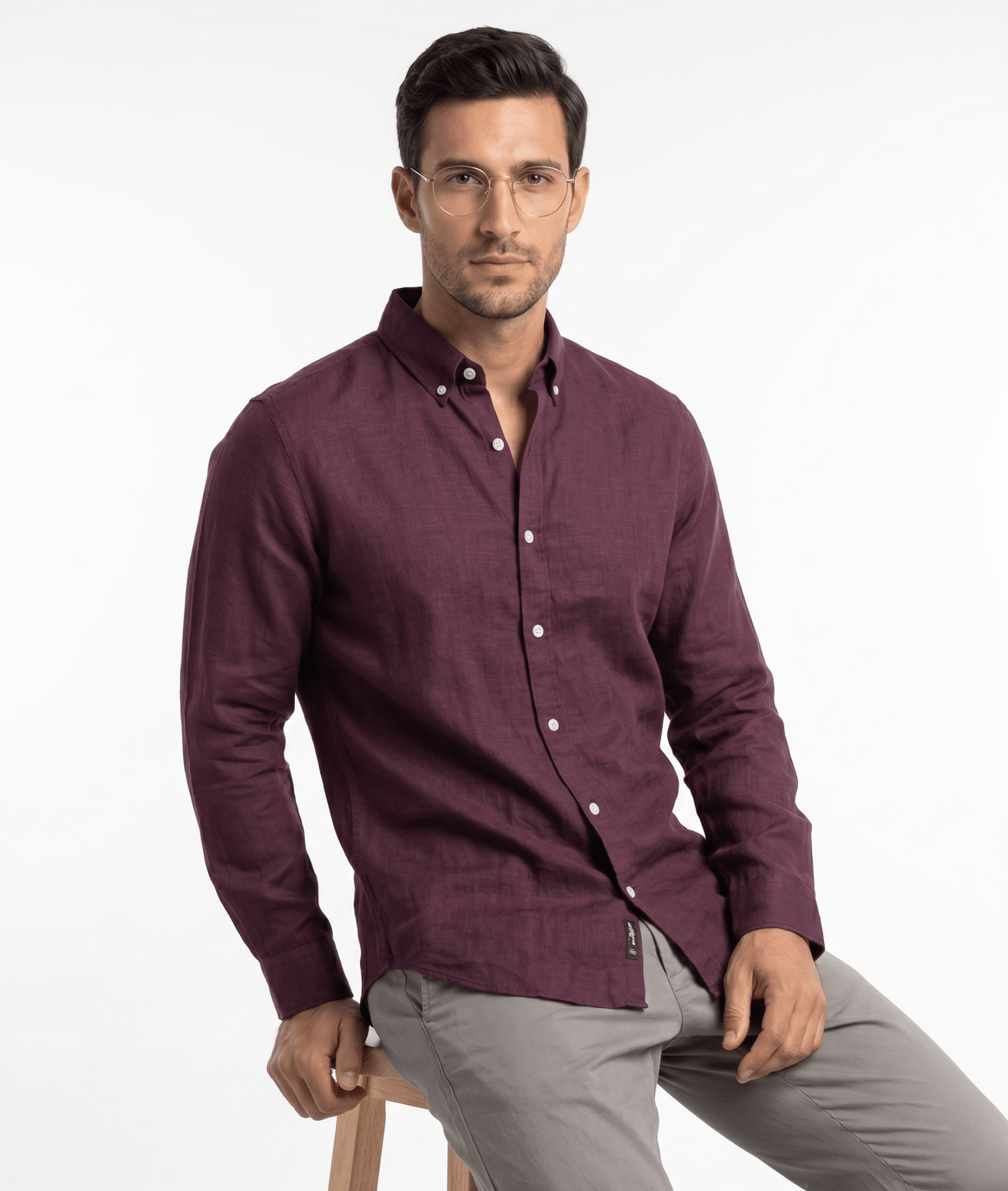 Pure Linen Button-Down Shirt — Burgundy | Slim Fit | Full Sleeves - leafiber.com