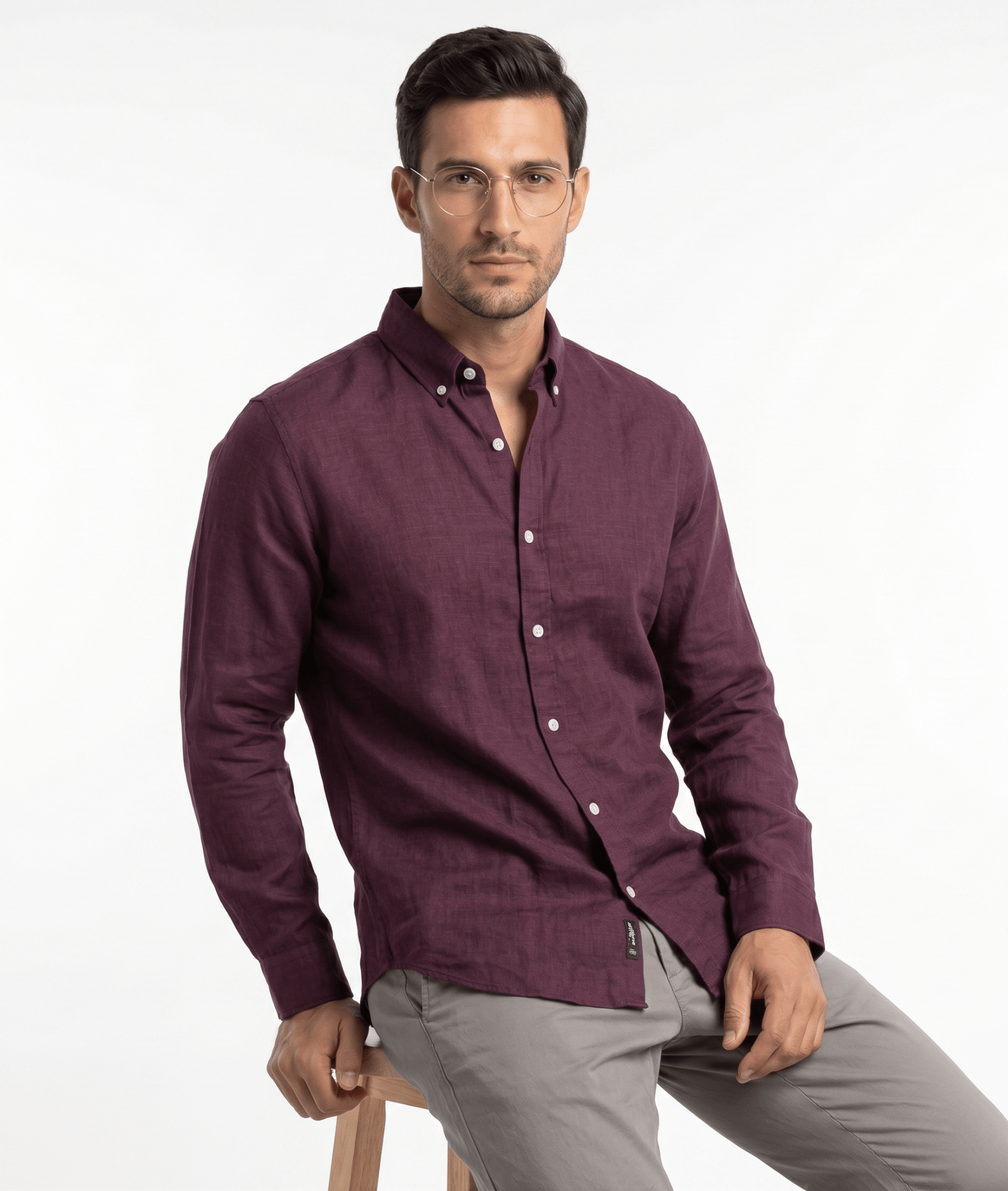 Pure Linen Button-Down Shirt — Burgundy | Slim Fit | Full Sleeves - leafiber.com