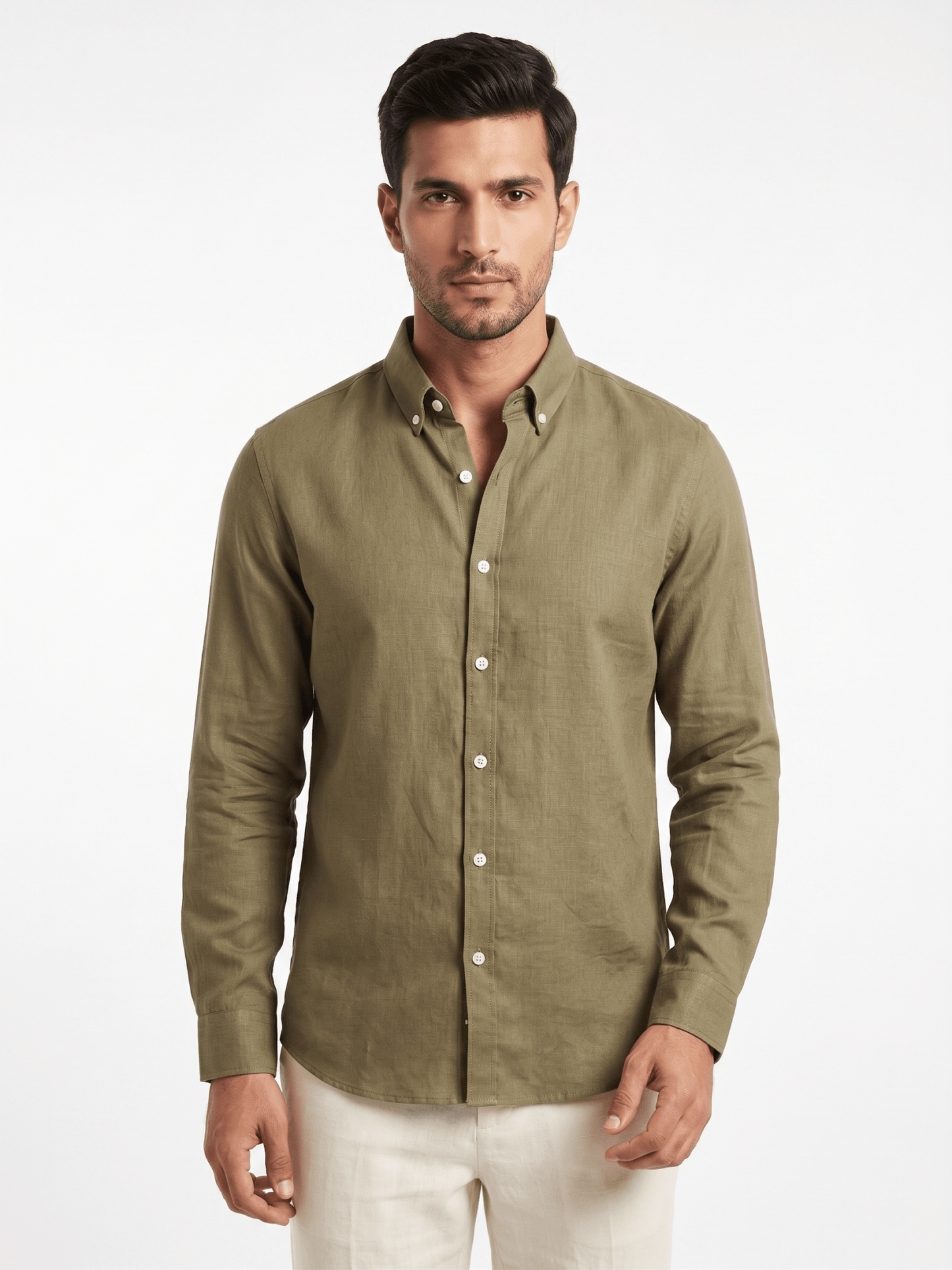 Pure Linen Button-Down Shirt — Olive Green | Regular Fit | Full Sleeves - leafiber.com