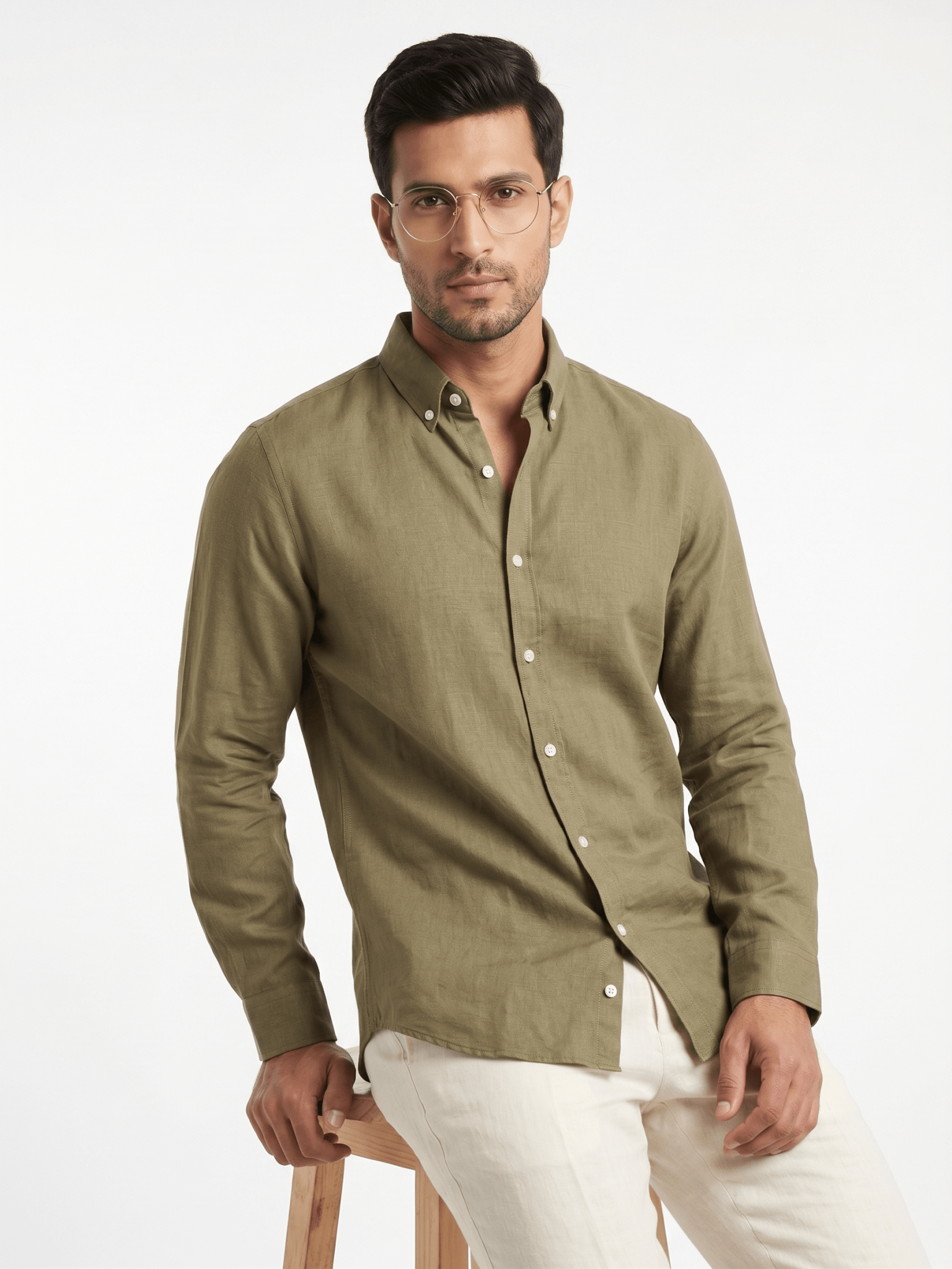 Pure Linen Button-Down Shirt — Olive Green | Regular Fit | Full Sleeves - leafiber.com