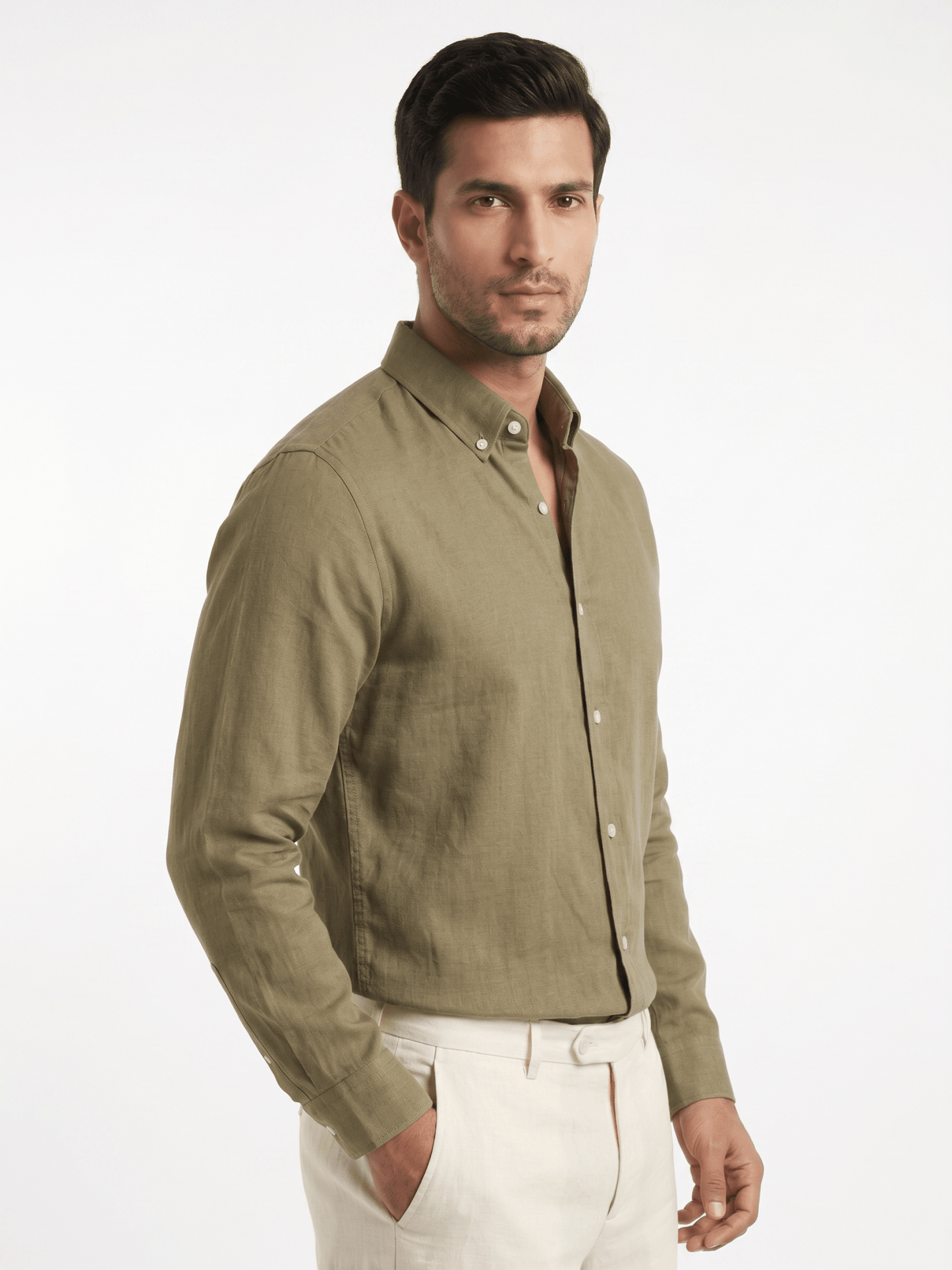 Pure Linen Button-Down Shirt — Olive Green | Regular Fit | Full Sleeves - leafiber.com