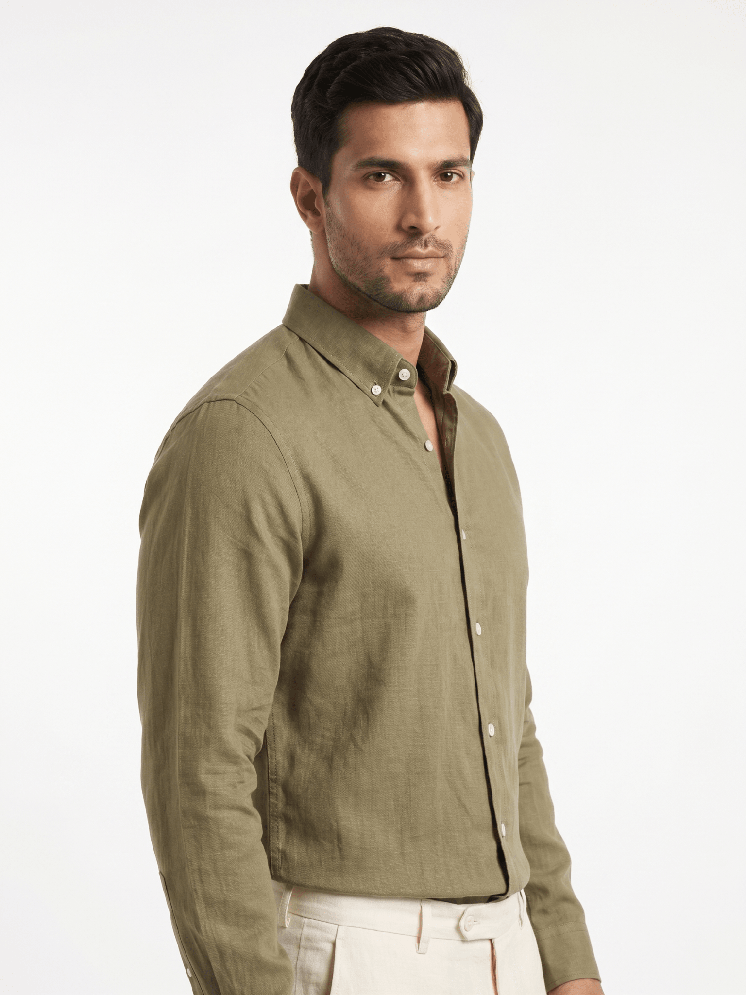 Pure Linen Button-Down Shirt — Olive Green | Regular Fit | Full Sleeves - leafiber.com