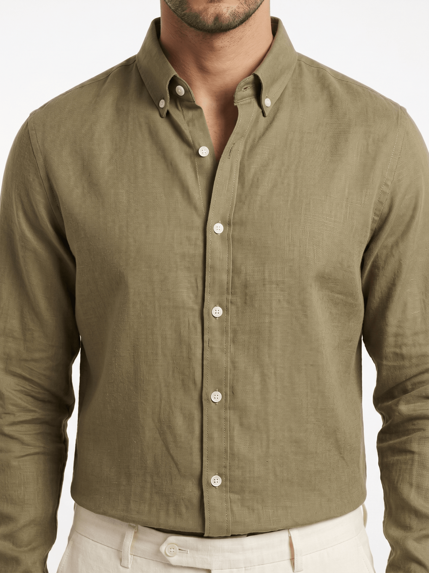 Pure Linen Button-Down Shirt — Olive Green | Regular Fit | Full Sleeves - leafiber.com