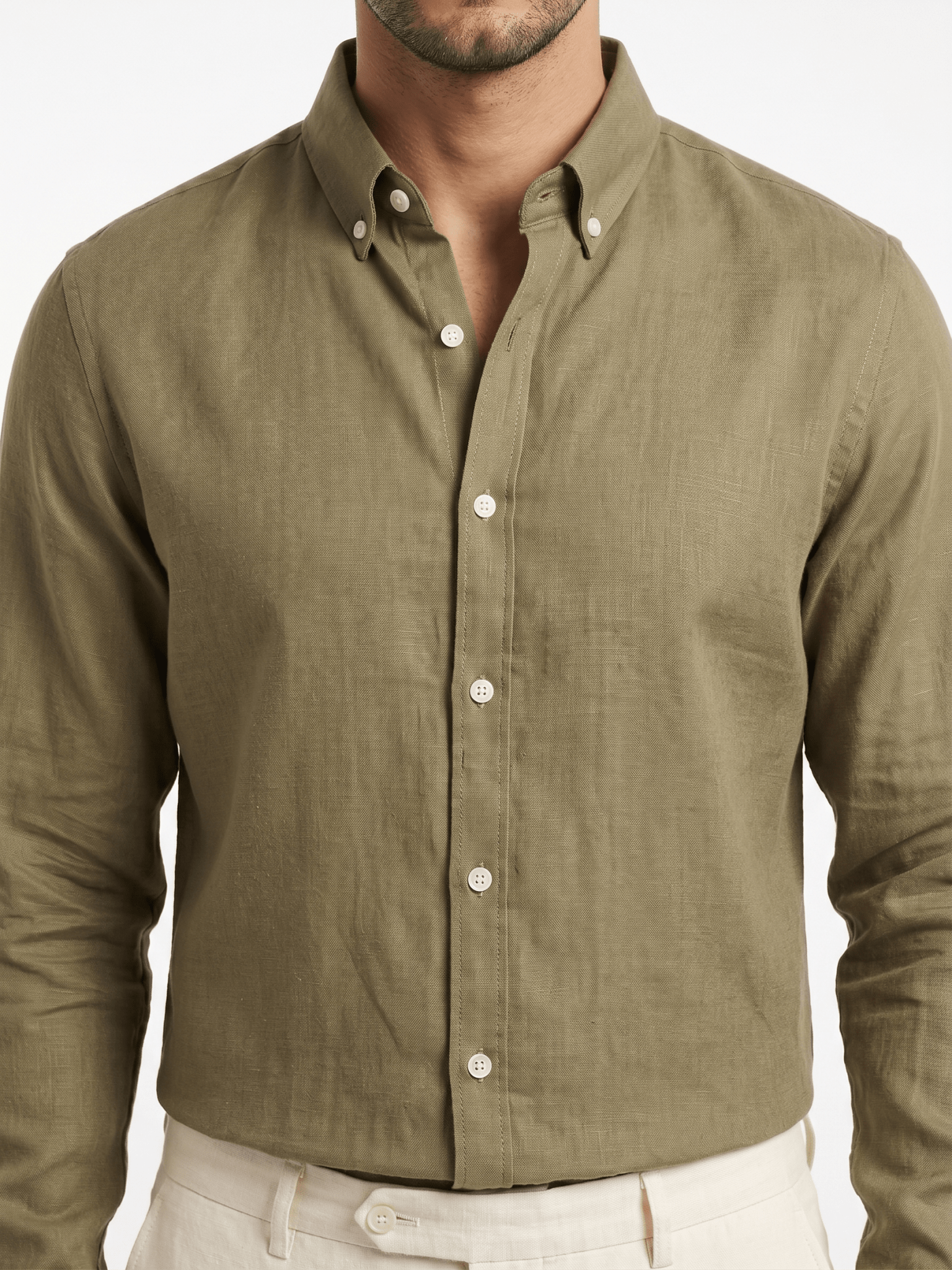 Pure Linen Button-Down Shirt — Olive Green | Regular Fit | Full Sleeves - leafiber.com