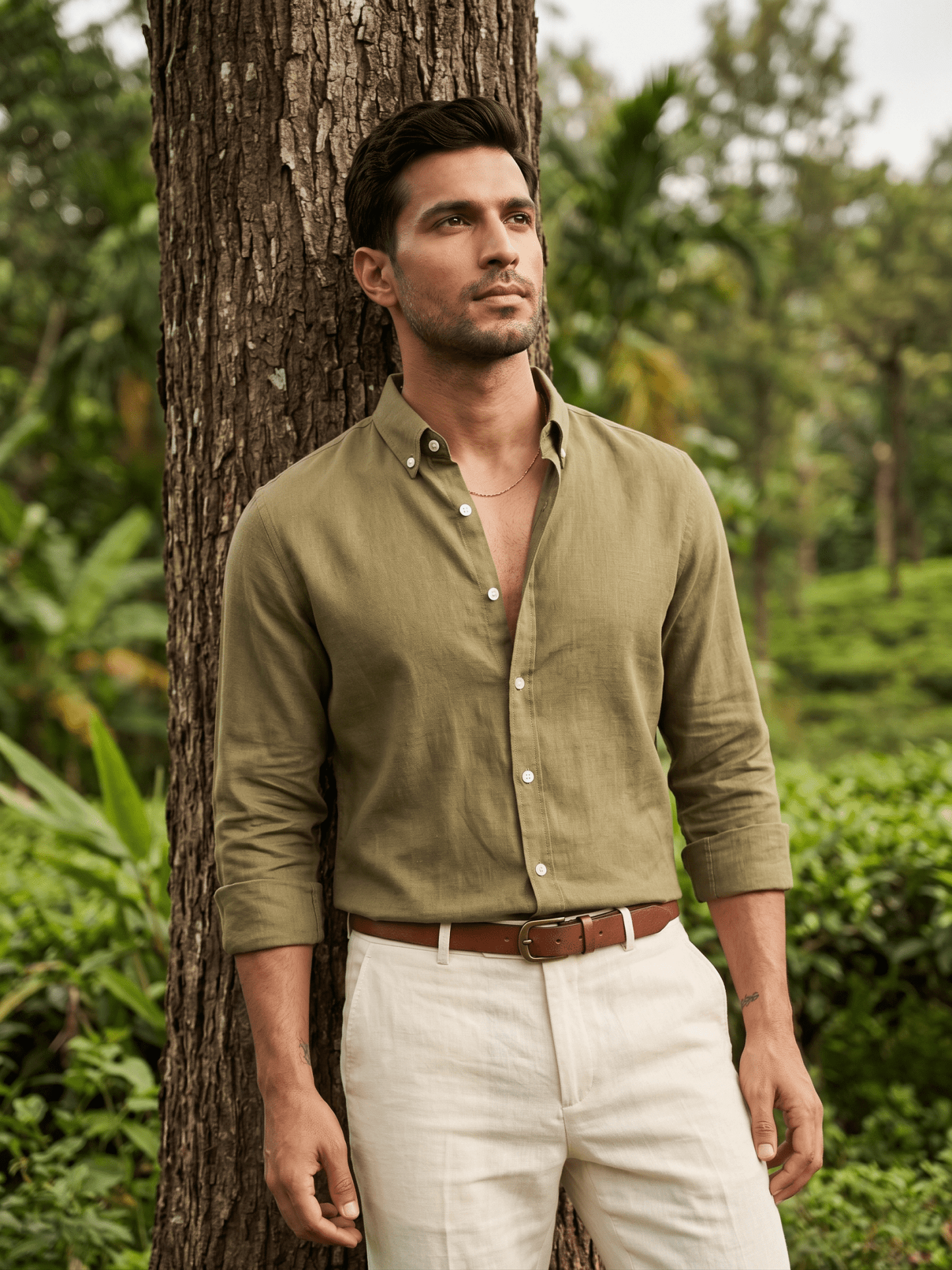 Pure Linen Button-Down Shirt — Olive Green | Regular Fit | Full Sleeves - leafiber.com