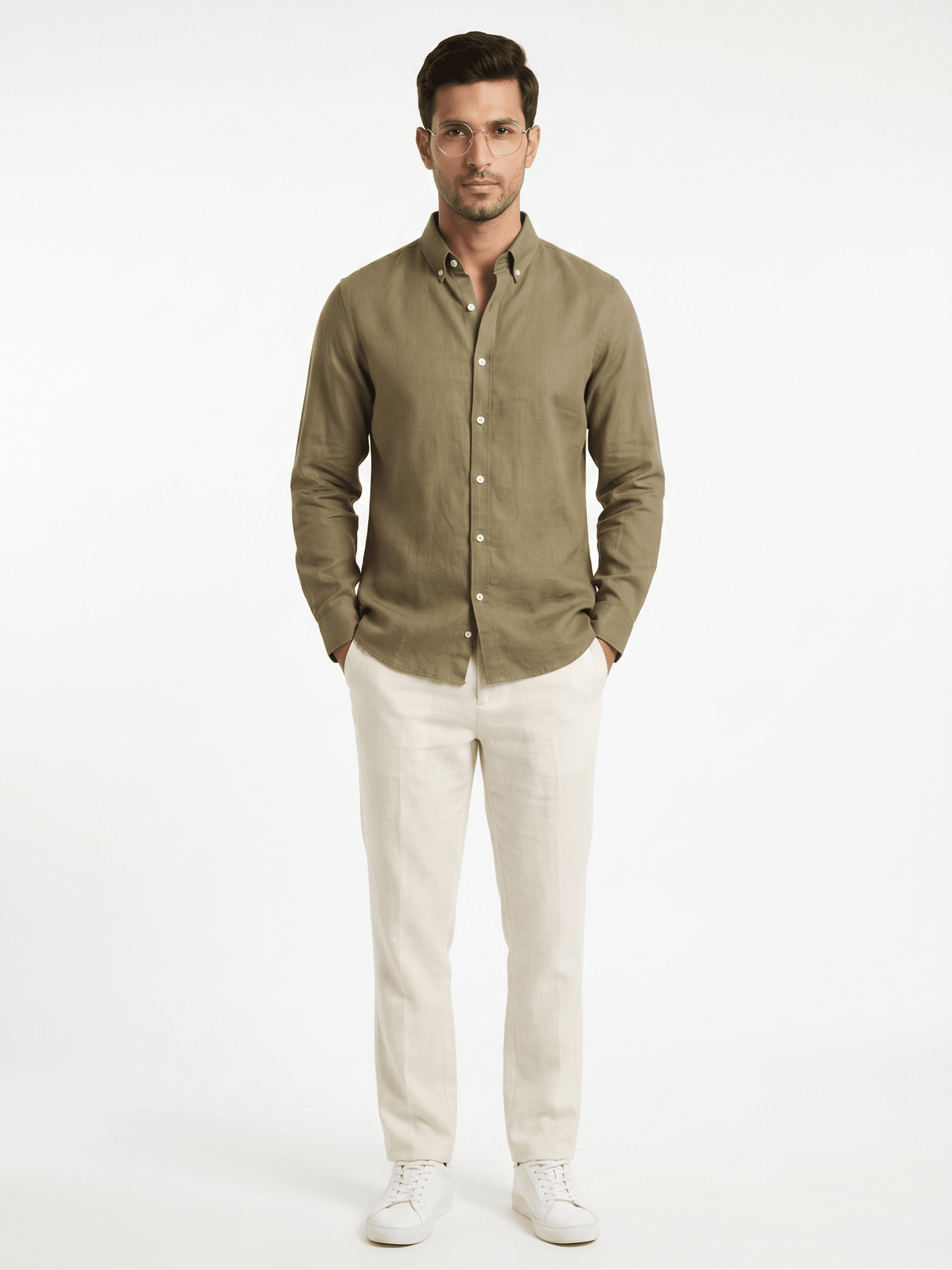 Pure Linen Button-Down Shirt — Olive Green | Regular Fit | Full Sleeves - leafiber.com