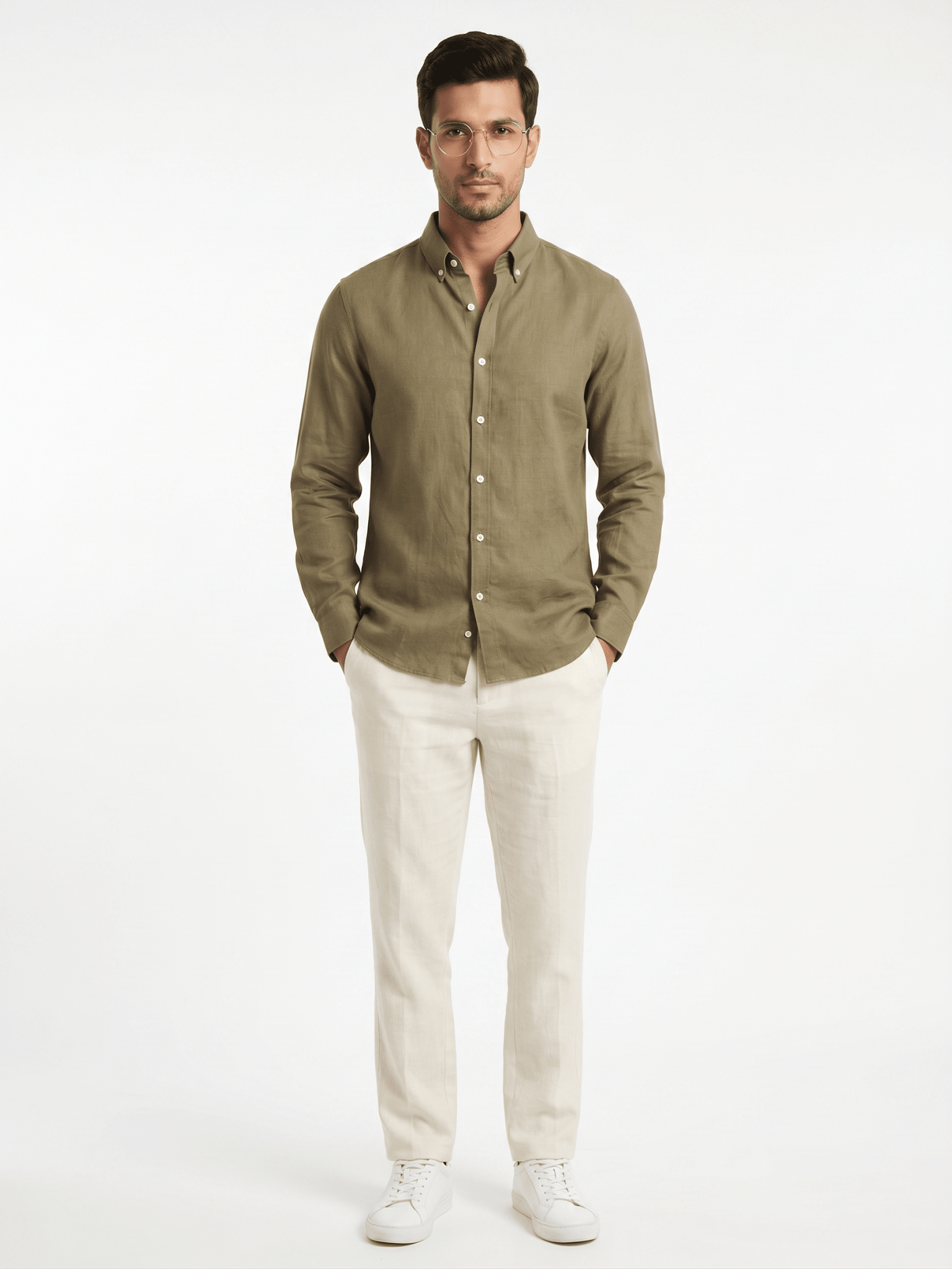 Pure Linen Button-Down Shirt — Olive Green | Regular Fit | Full Sleeves - leafiber.com