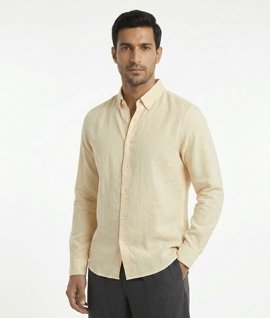 Pure Linen Mandarin Collar Shirt — Cream | Relaxed Fit | Full Sleeves - leafiber.com