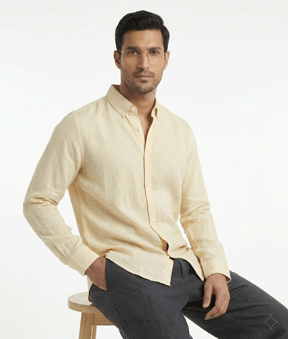 Pure Linen Mandarin Collar Shirt — Cream | Relaxed Fit | Full Sleeves - leafiber.com