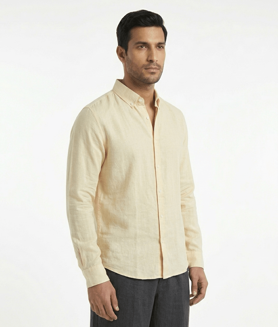 Pure Linen Mandarin Collar Shirt — Cream | Relaxed Fit | Full Sleeves - leafiber.com