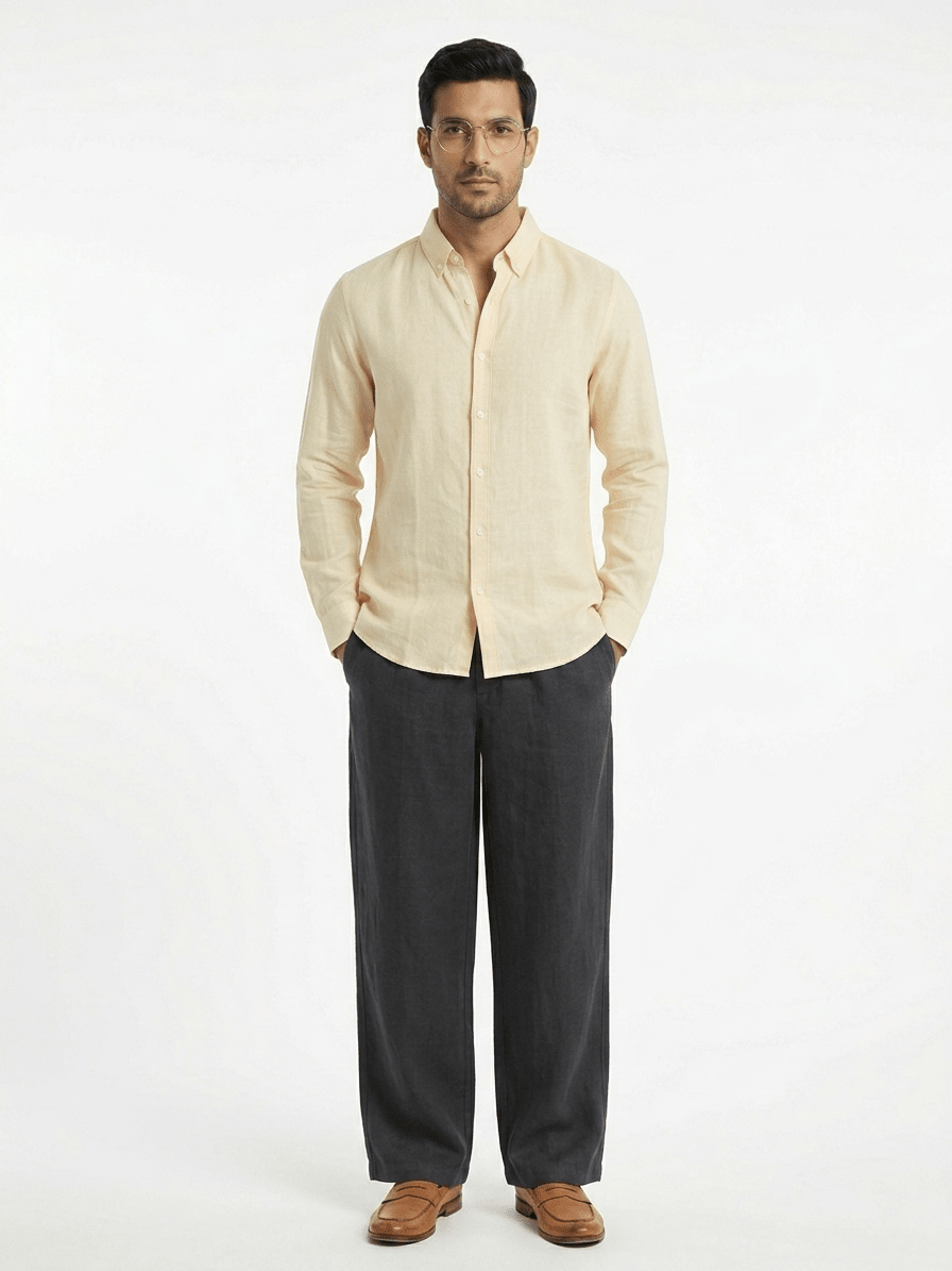 Pure Linen Mandarin Collar Shirt — Cream | Relaxed Fit | Full Sleeves - leafiber.com