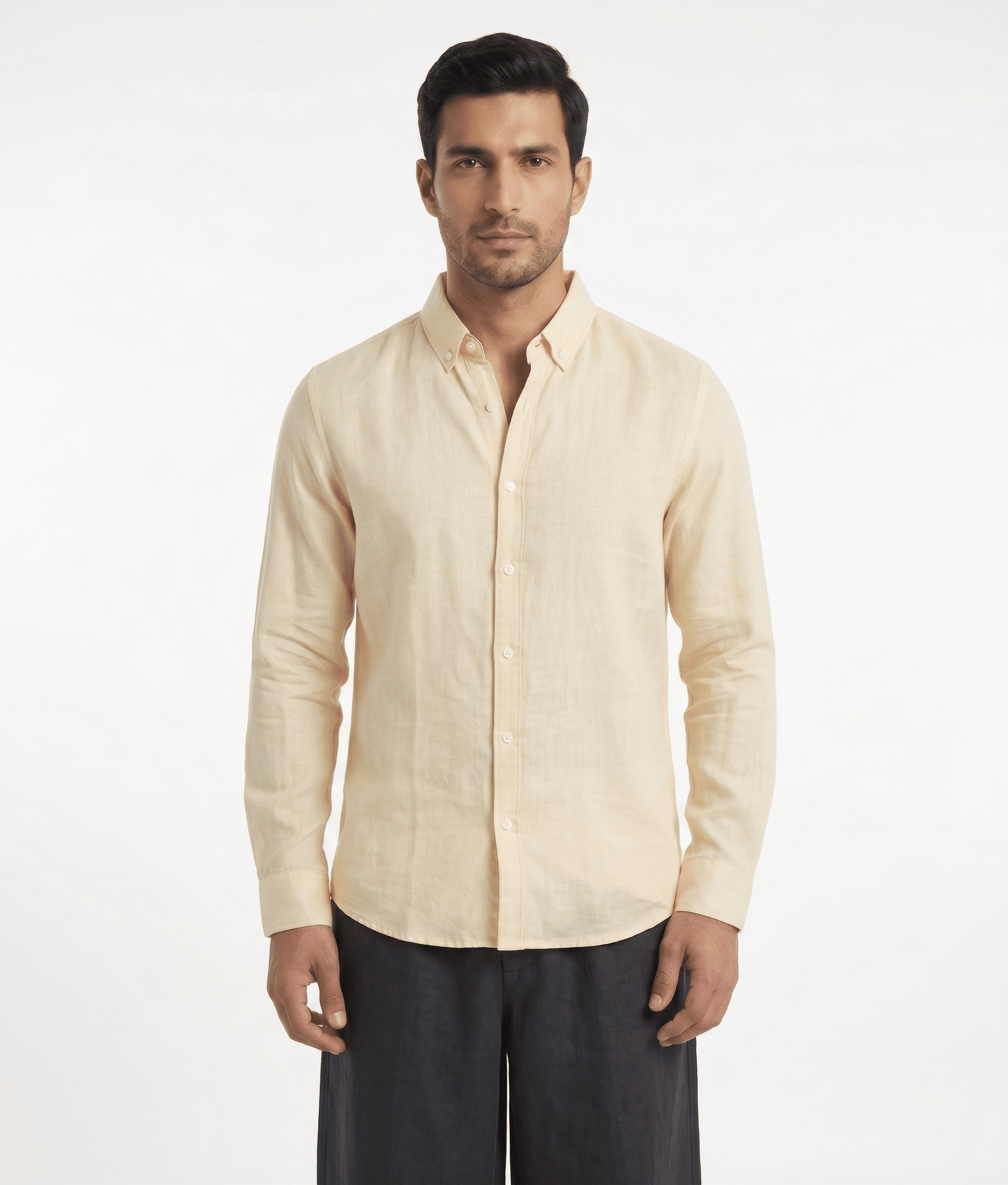 Pure Linen Mandarin Collar Shirt — Cream | Relaxed Fit | Full Sleeves - leafiber.com