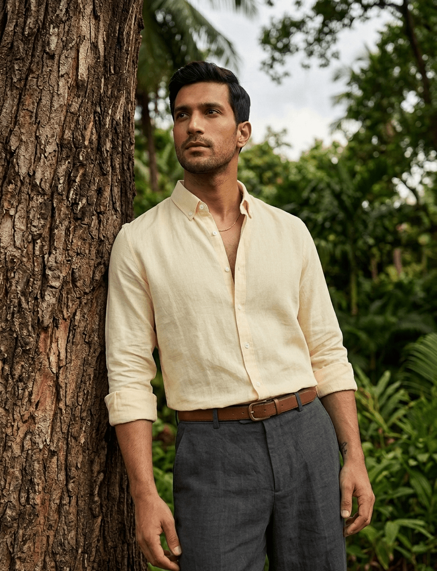 Pure Linen Mandarin Collar Shirt — Cream | Relaxed Fit | Full Sleeves - leafiber.com