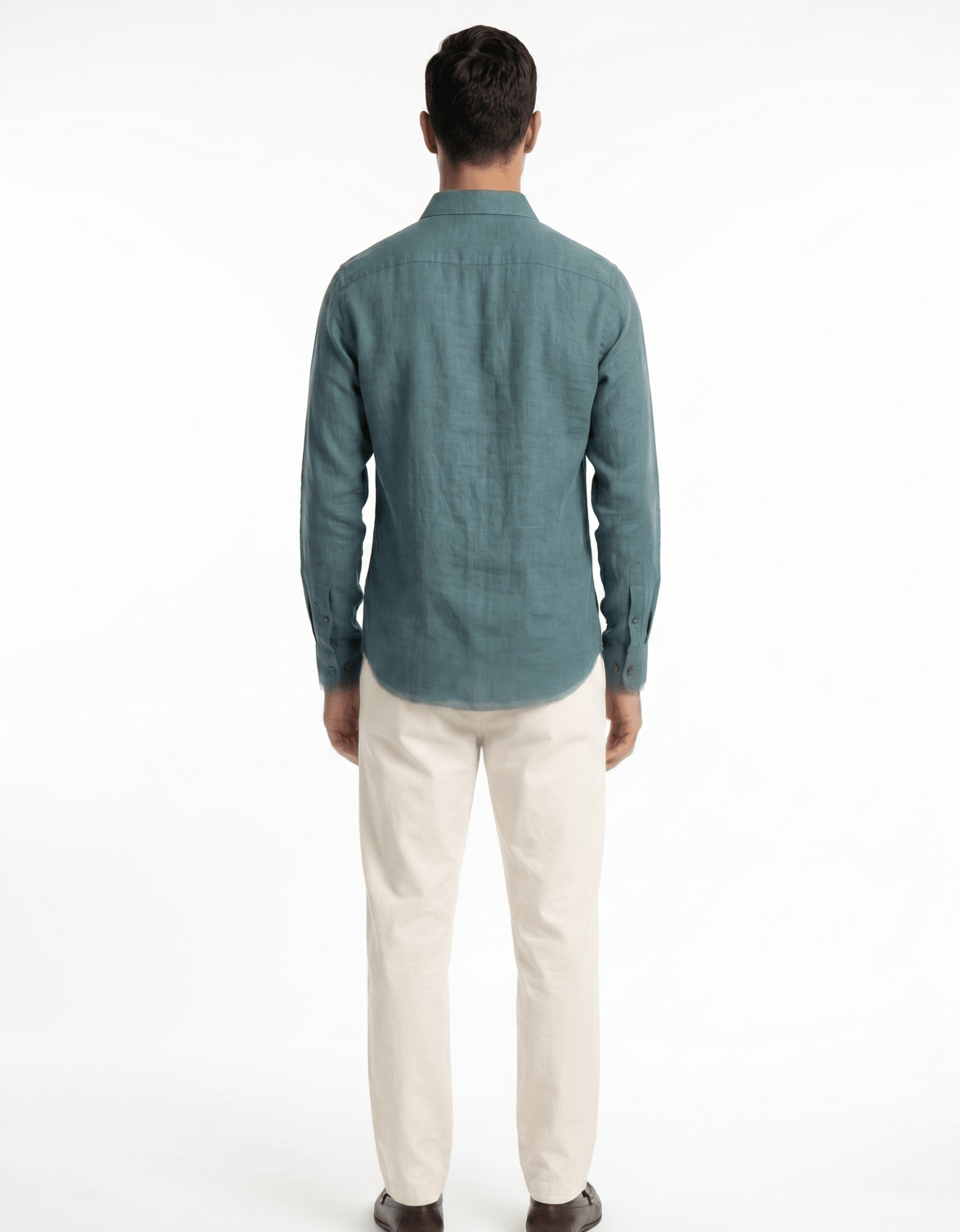 Pure Linen Spread Collar Shirt — Teal Blue | Slim Fit | Full Sleeves - leafiber.com
