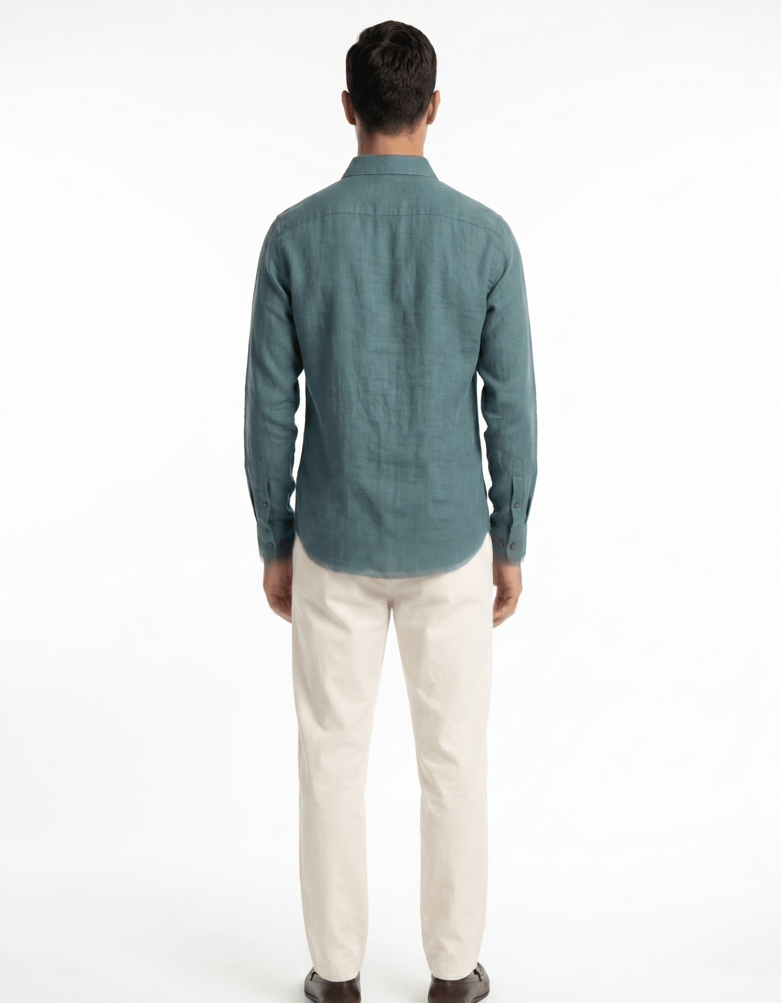 Pure Linen Spread Collar Shirt — Teal Blue | Slim Fit | Full Sleeves - leafiber.com