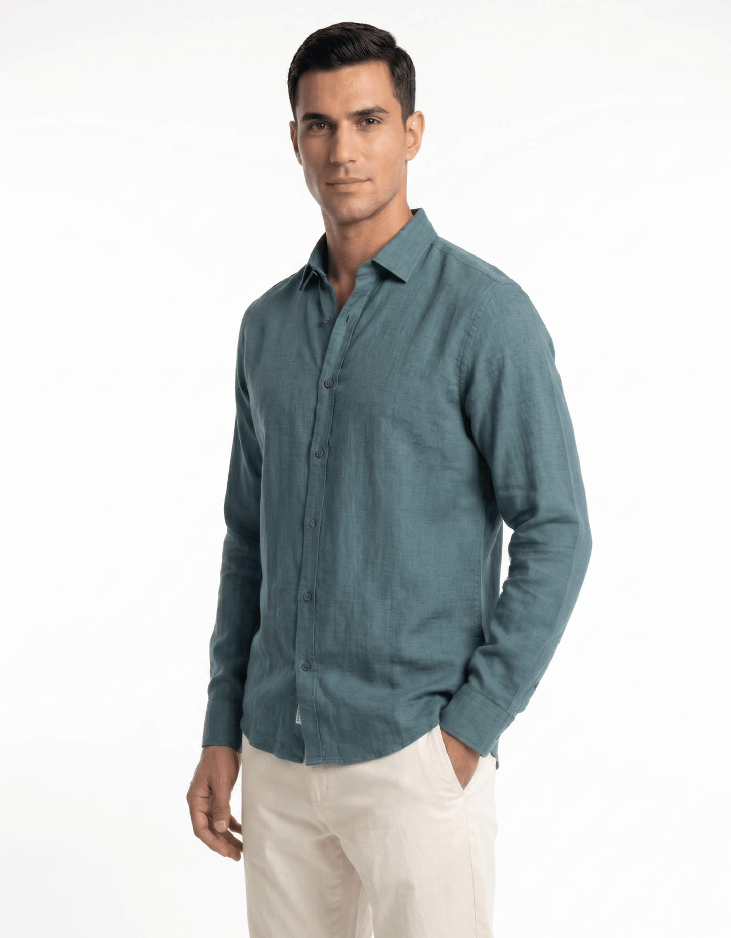 Pure Linen Spread Collar Shirt — Teal Blue | Slim Fit | Full Sleeves - leafiber.com