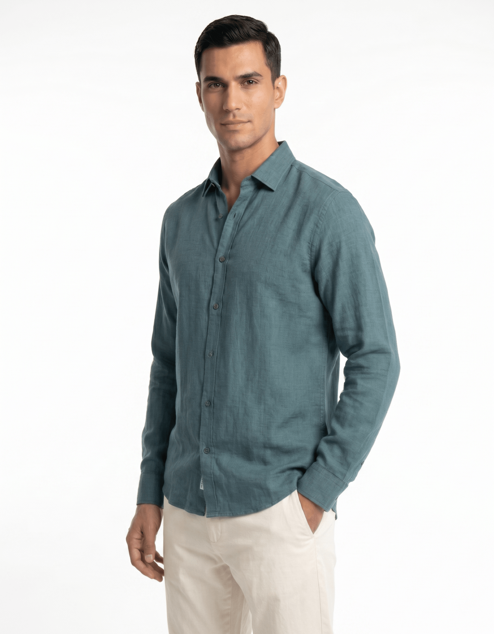 Pure Linen Spread Collar Shirt — Teal Blue | Slim Fit | Full Sleeves - leafiber.com