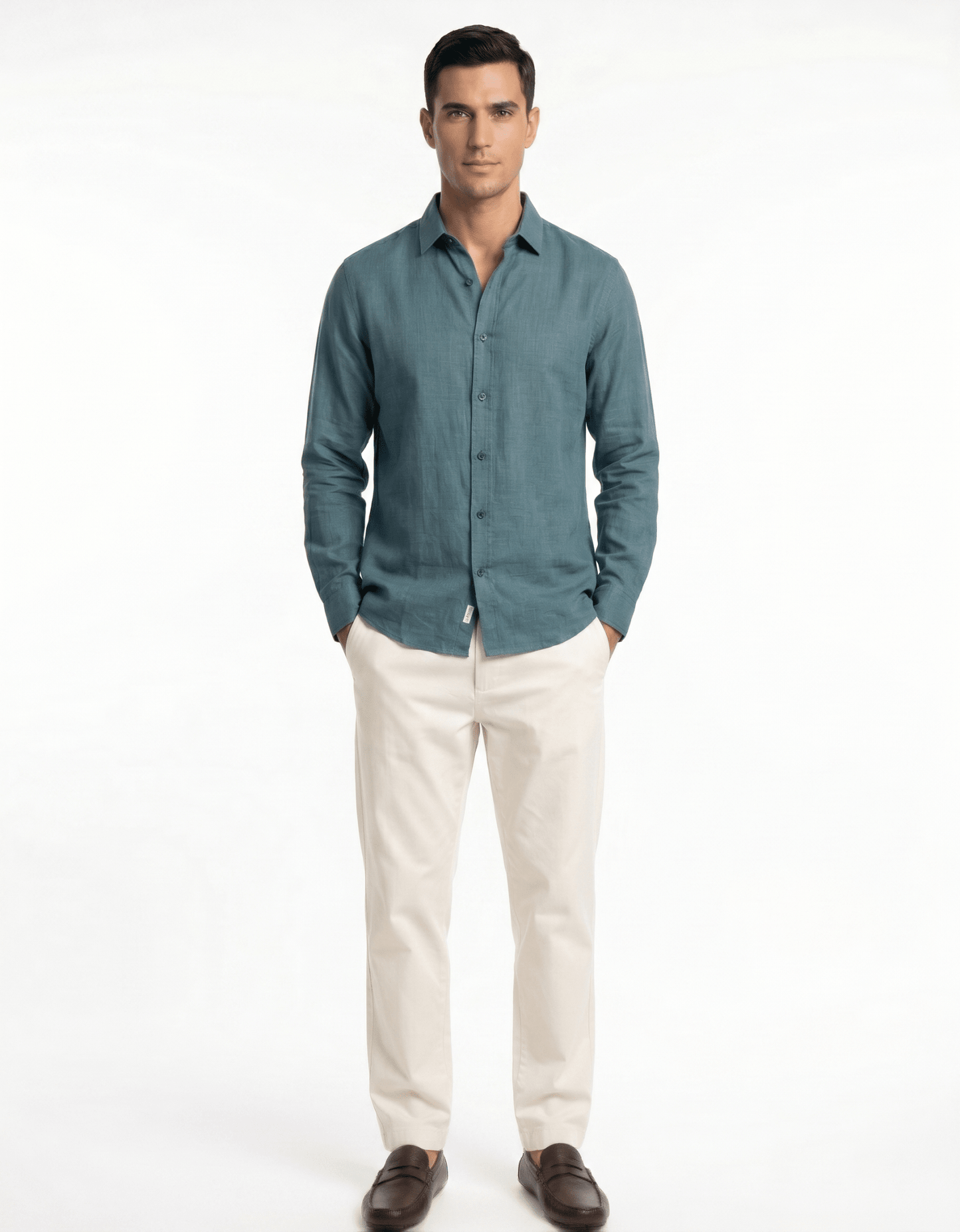 Pure Linen Spread Collar Shirt — Teal Blue | Slim Fit | Full Sleeves - leafiber.com