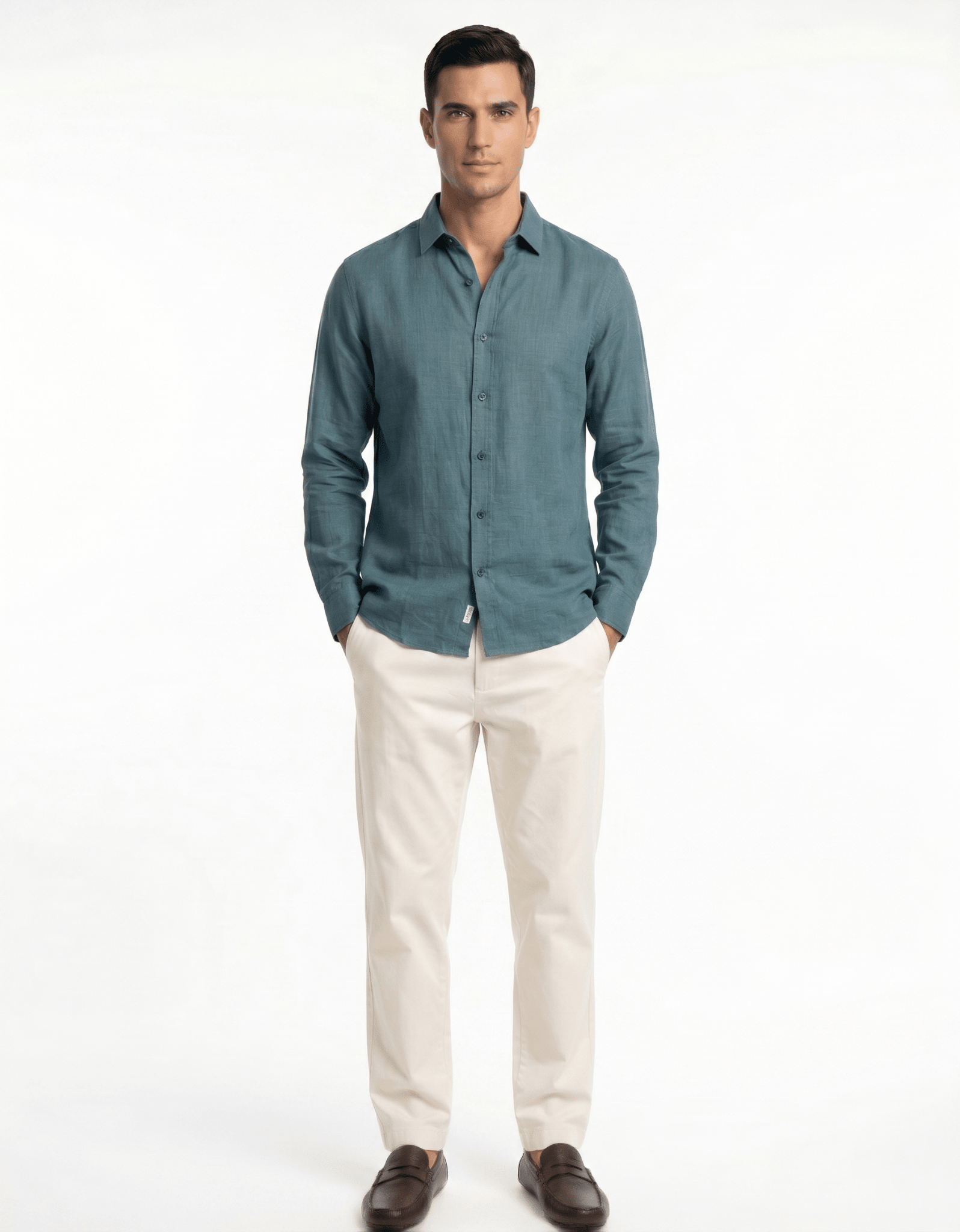 Pure Linen Spread Collar Shirt — Teal Blue | Slim Fit | Full Sleeves - leafiber.com