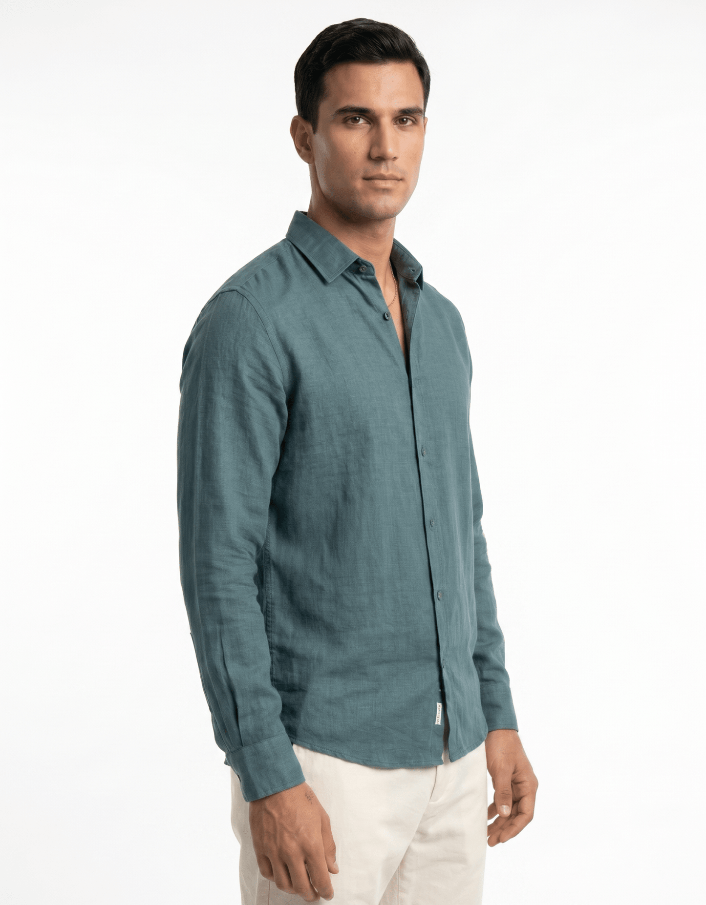 Pure Linen Spread Collar Shirt — Teal Blue | Slim Fit | Full Sleeves - leafiber.com