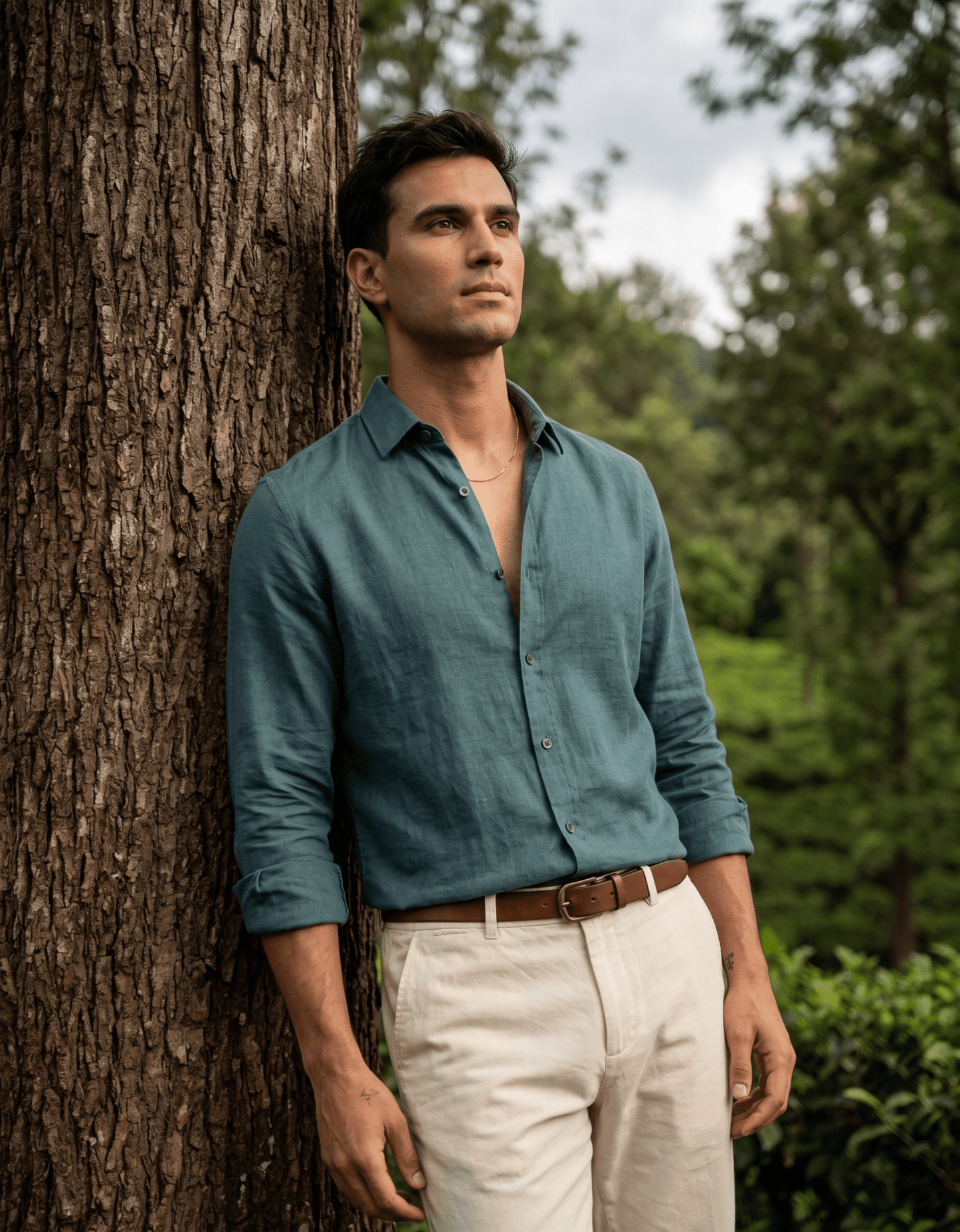 Pure Linen Spread Collar Shirt — Teal Blue | Slim Fit | Full Sleeves - leafiber.com