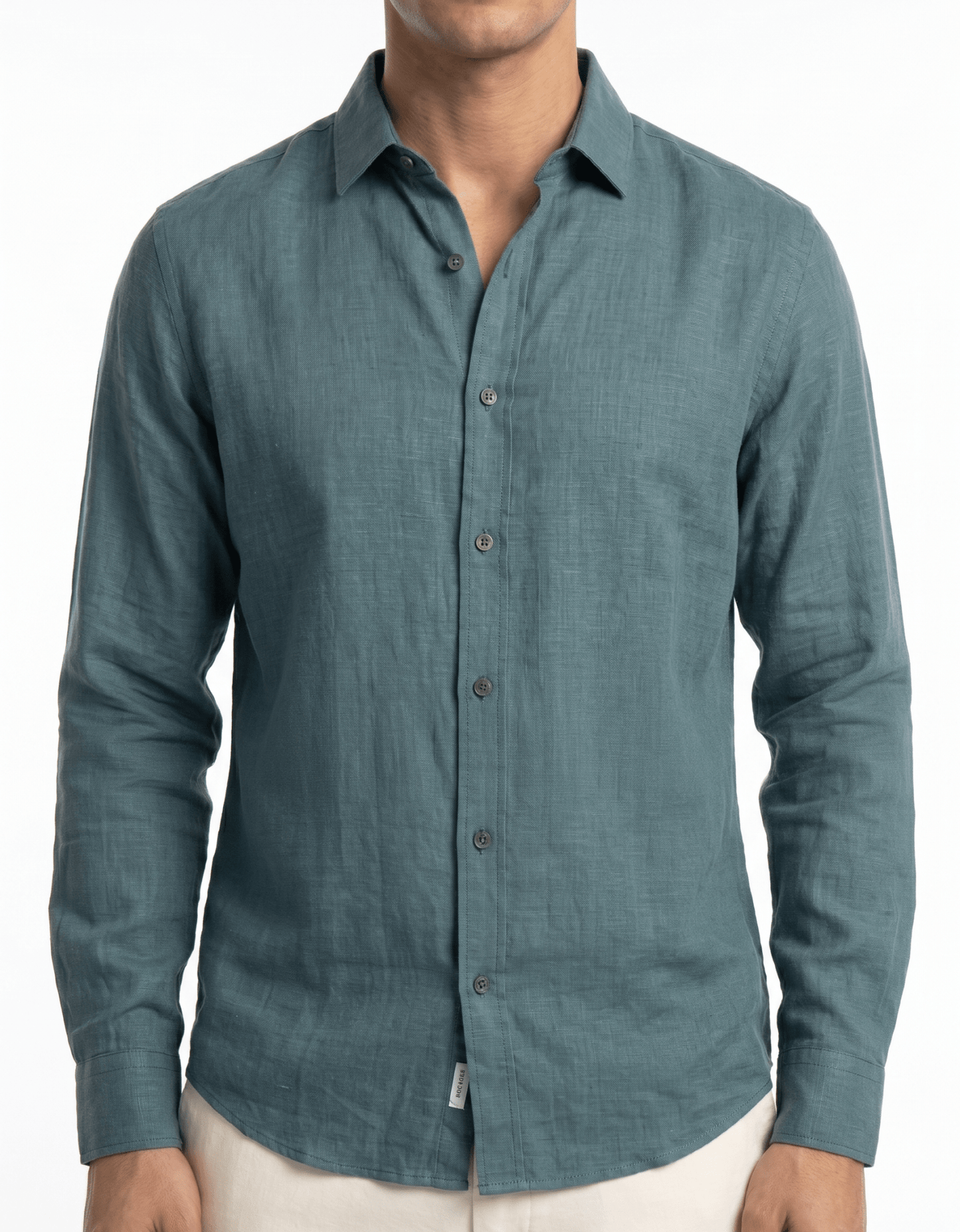 Pure Linen Spread Collar Shirt — Teal Blue | Slim Fit | Full Sleeves - leafiber.com